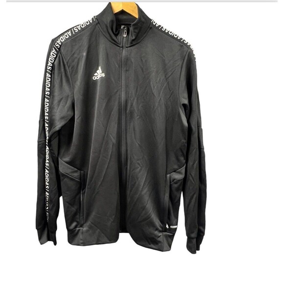 Adidas Jacket Aeroready TIR019 Men Medium Black‎ Full Zip Spellout Logo Sleeve - Picture 1 of 16